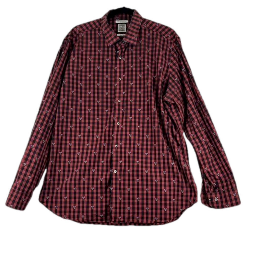 Robert Graham Red and Black Check Shirt w/ Embroidered Rainbow Roosters
